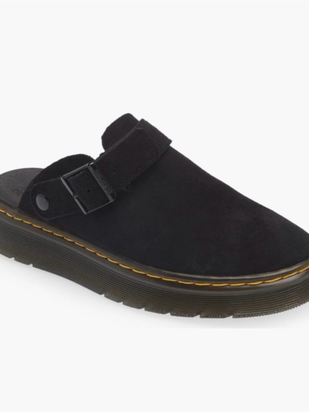 Dr. Martens Carlson slingback mules in black suede, with a chunky buckle
